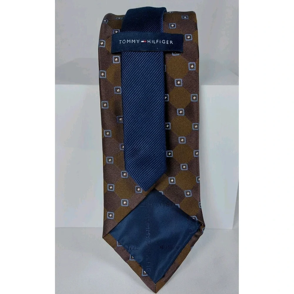 Tommy Hilfiger Necktie‎ Brown Blue Geometric Dot 100% Silk Tie 3.5